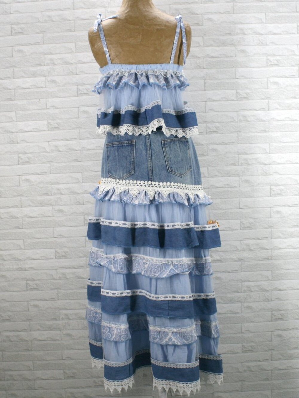 HAND CRAFTED Upcycled Skirt Set Denim Jean Lace Paisley Floral Maxi Blue Medium - Picture 5 of 16